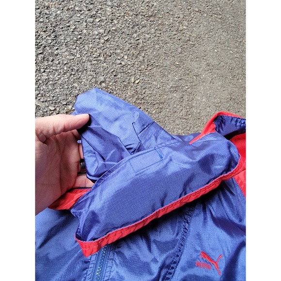 Vintage Puma Nylon Rain Jacket Mens XL Blue Red Hooded Vented Running 1/4 Zip - Picture 5 of 9